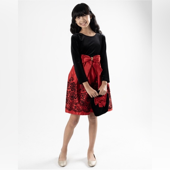 NWT Girl’s Size 16 Rare Editions Velvet Bowtie Floral Holiday Dress In Black Red - Picture 1 of 17